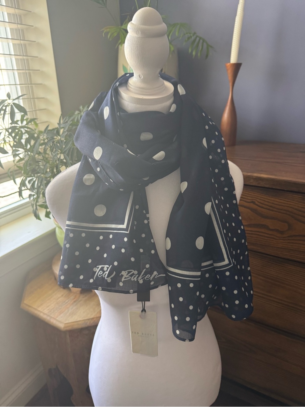 Ted Baker Navy and White Polka Dot Scarf
